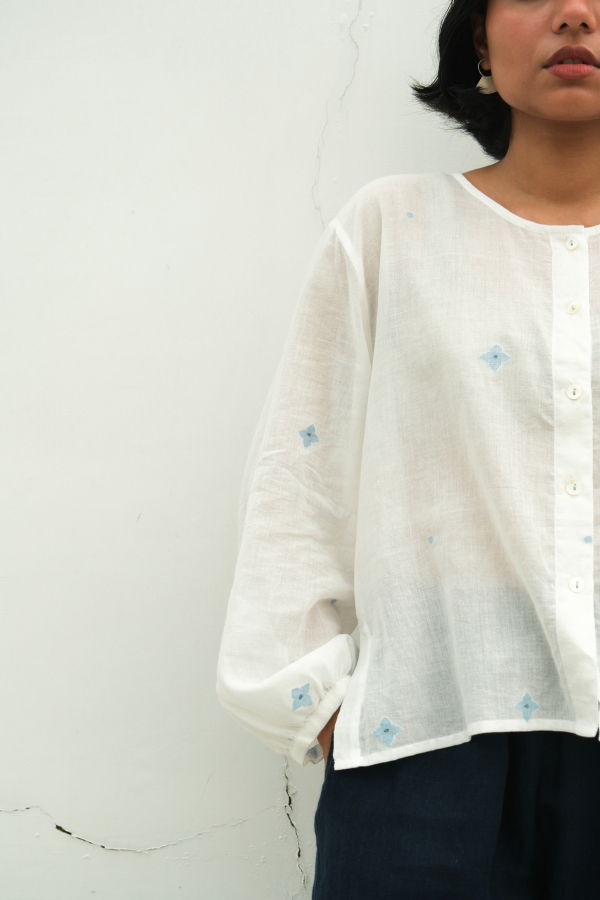 Studio Within Gathering Flowers: Jamdani Blouse - White
