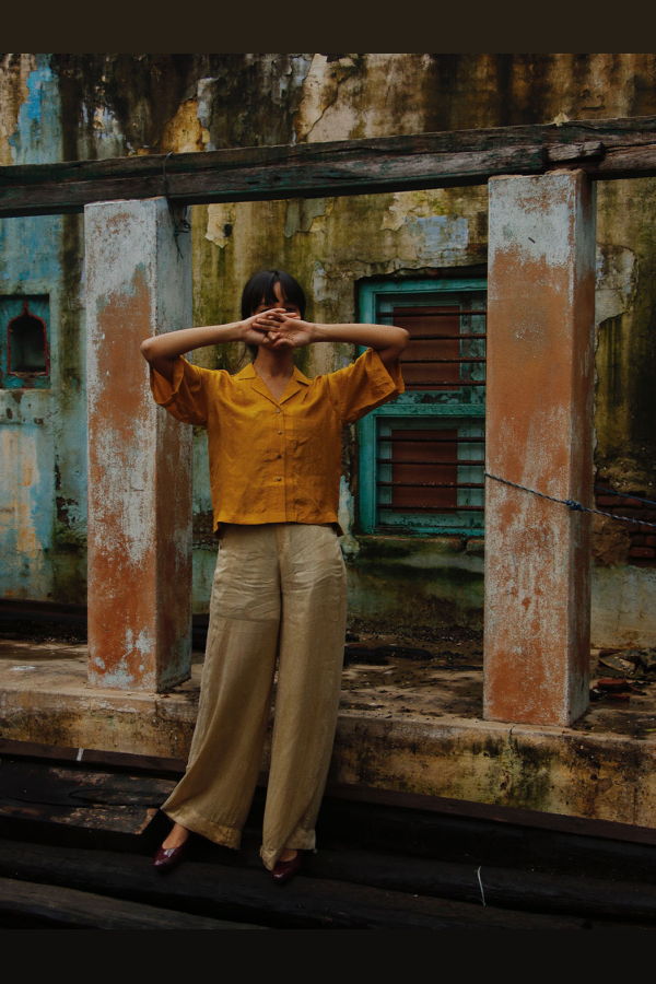 Studio Within Silk Camp Collar Shirt - Dirty Gold