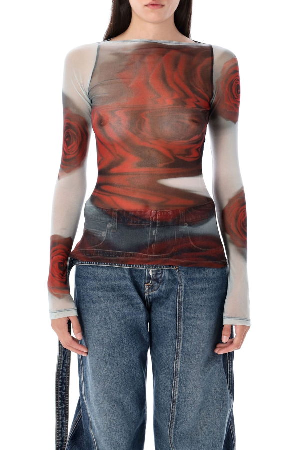 Jean Paul Gaultier Roses Mesh Top - White Red