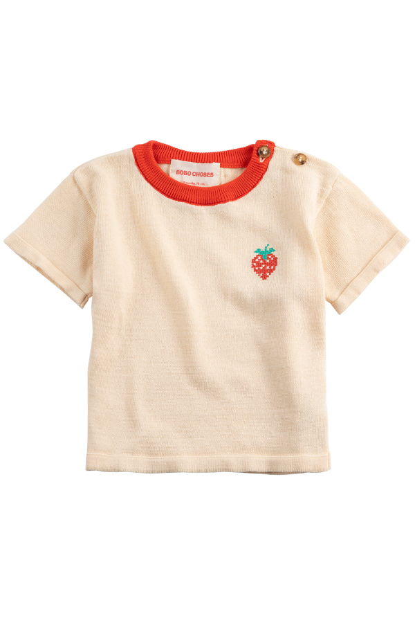 KIDS Bobo Choses Baby Knit T-Shirt Pixel Strawberry Tee - White