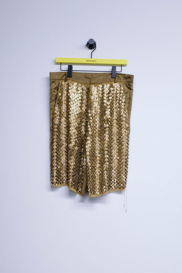 Edward Cuming Gold Olive Cupro Hand Embroidered Tailored Shorts