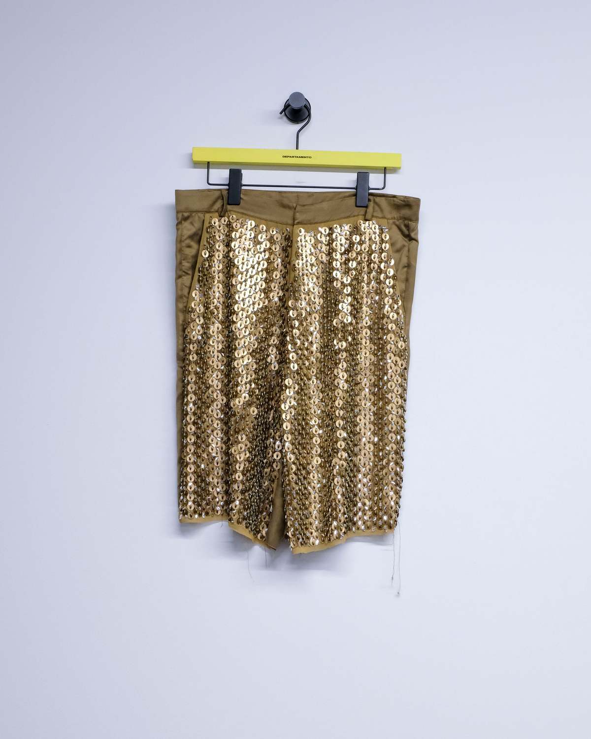 Edward Cuming Gold Olive Cupro Hand Embroidered Tailored Shorts - Image 1 of 2