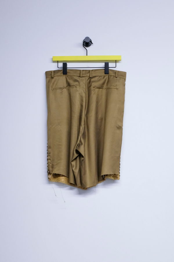Edward Cuming Gold Olive Cupro Hand Embroidered Tailored Shorts