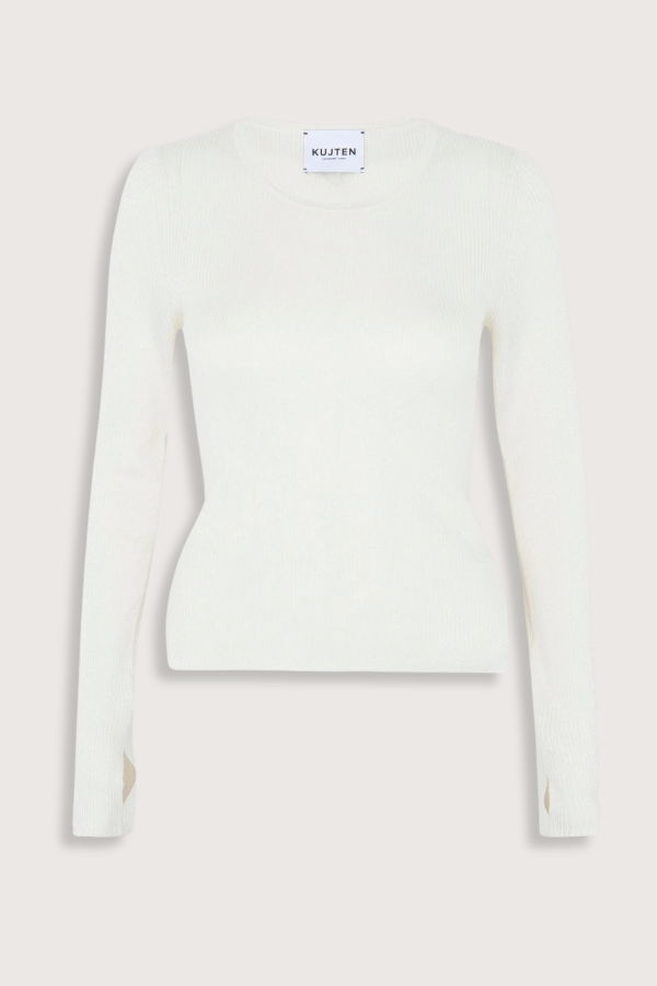 Kujten Maori Silk/Cashmere Long Sleeve Scoop Sweater - Blanc