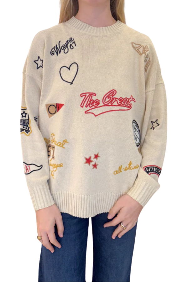 The Great. Embroidered Oversize Crew Pullover Sweater - Cream