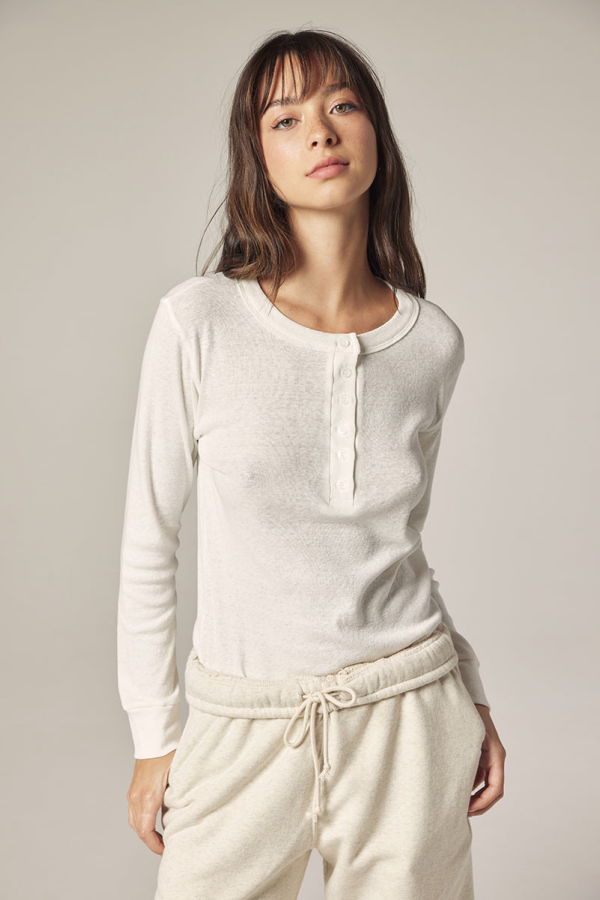 amente Long Sleeve Cotton Henley Top - White