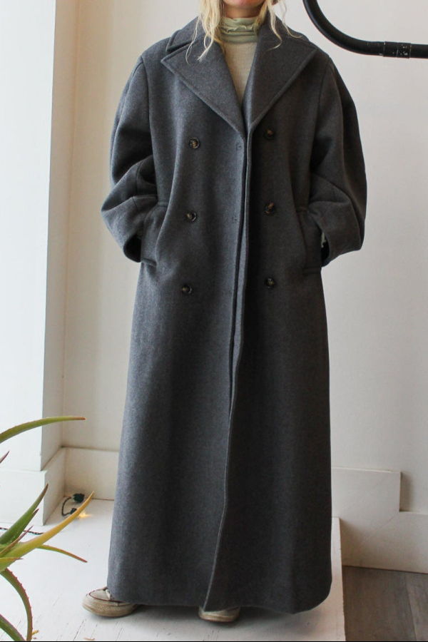 Ganni Wool Oversized Long Peacoat - Pewter