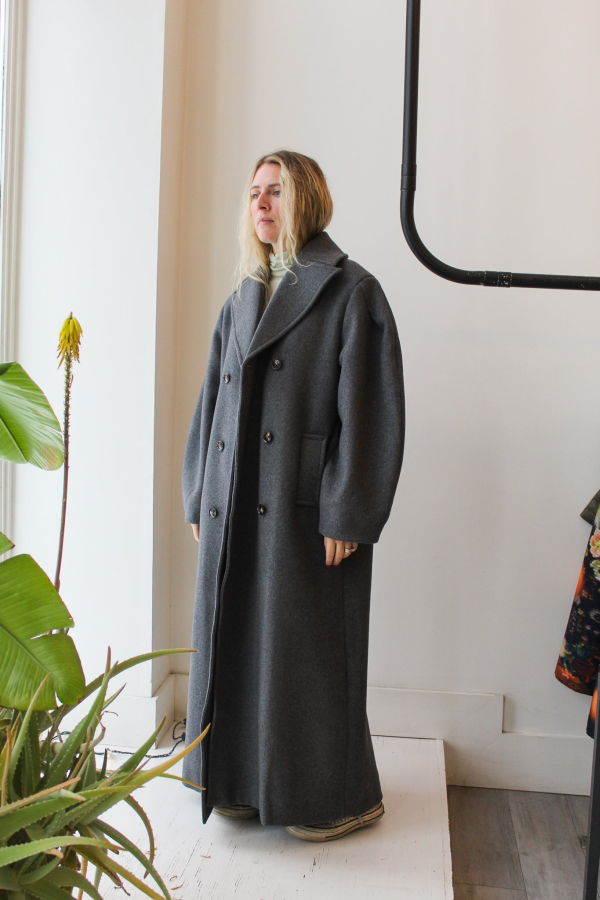 Ganni Wool Oversized Long Peacoat - Pewter