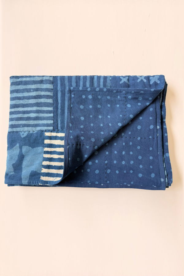 Happy French Gang One of a Kind Indigo Quilt 75x55in Throw