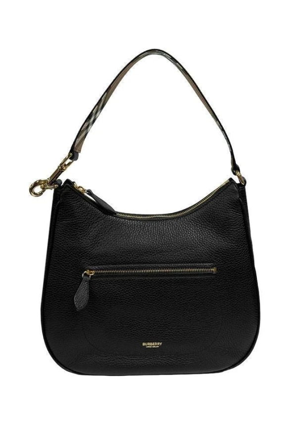 Burberry Hobo Leather Check Strap Shoulder Bag - Black