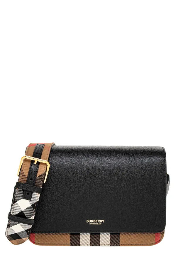 Burberry Mackford Leather Flip Check Shoulder Bag - Black