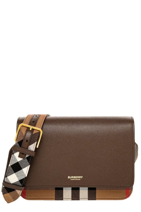 Burberry Mackford Leather Flip Check Shoulder Bag - Ebony Brown