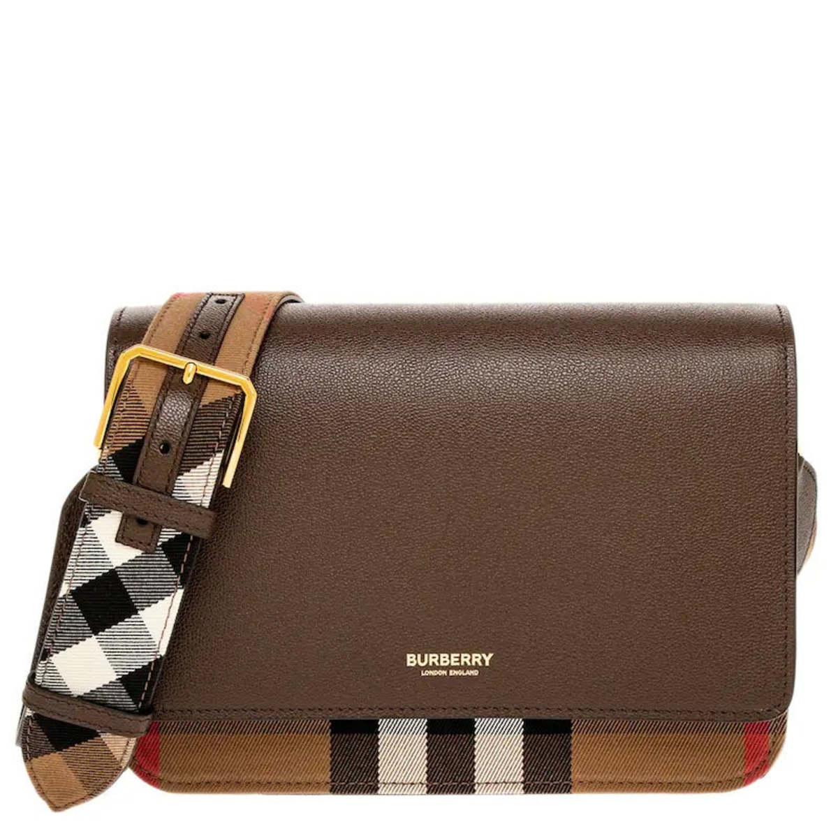 Burberry Mackford Leather Flip Check Shoulder Bag - Ebony Brown