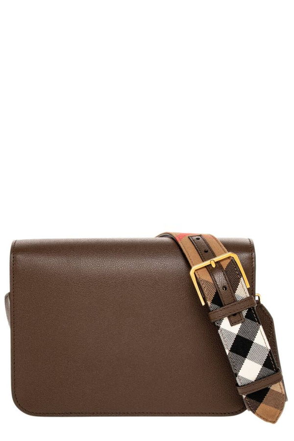 Burberry Mackford Leather Flip Check Shoulder Bag - Ebony Brown