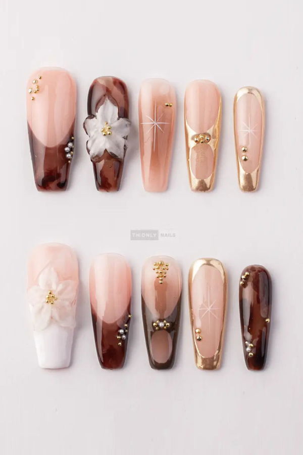 The Only Nails Brown Blossom Coffin Press-On Nails