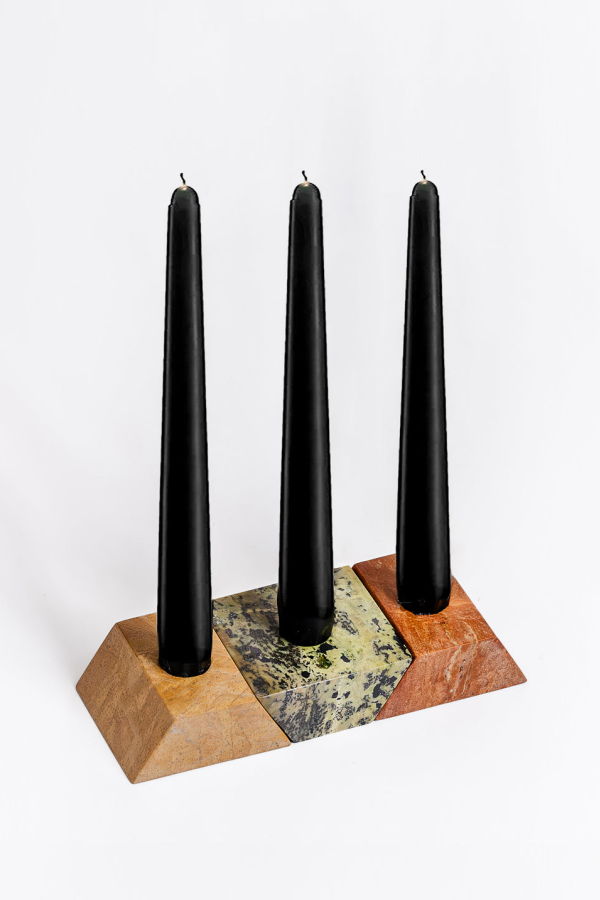 Dar Proyectos Triangle Gemstone Puzzle 3-Piece Candelabra Serpentine, Soapstone, Jasper