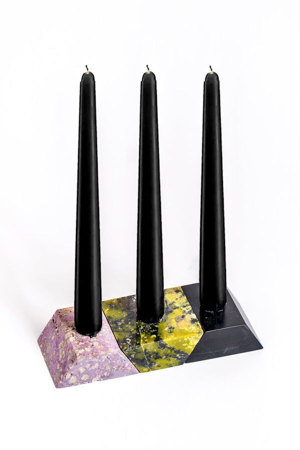 Dar Proyectos Triangle Gemstone Puzzle 3-Piece Candelabra Serpentine, Soapstone, Jasper