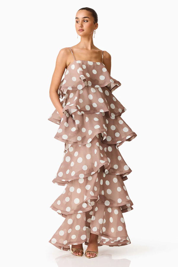 Elliatt Sola Polkadot Tiered Maxi Dress - Brown/White