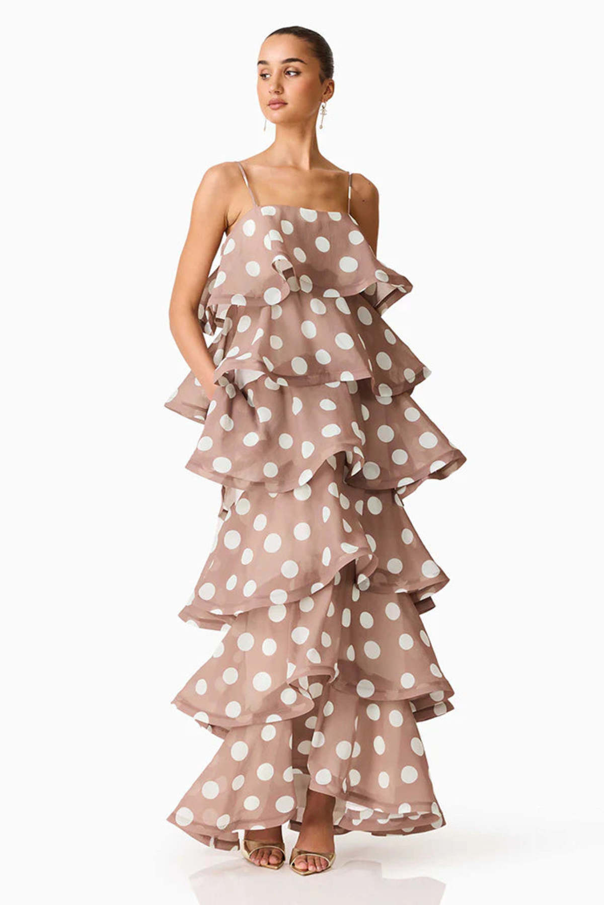 Elliatt Sola Polkadot Tiered Maxi Dress - Brown/White | Garmentory Elliatt Sola Polkadot Tiered Maxi Dress - Brown/White | Garmentory