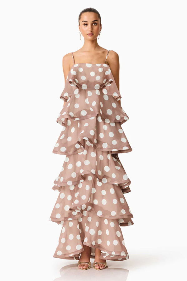 Elliatt Sola Polkadot Tiered Maxi Dress - Brown/White