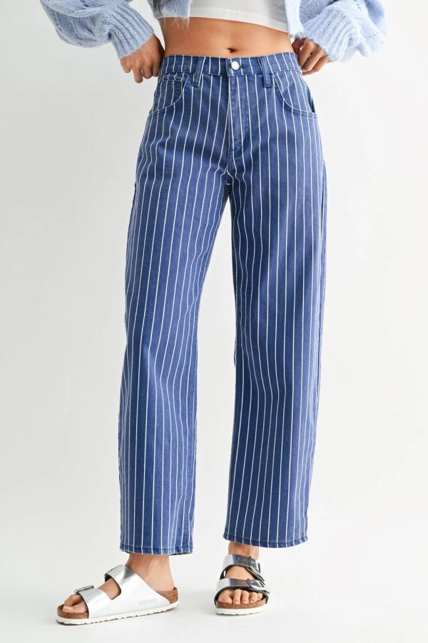 Just Black Denim Navy Stripe Barrel Jeans