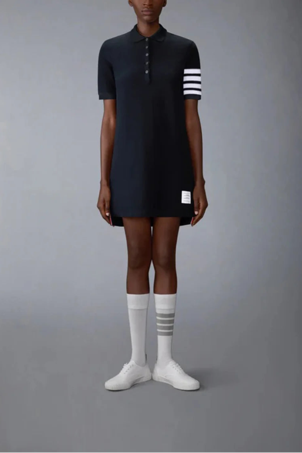 Thom Browne Textured Pique 4-Bar Polo Dress - Navy