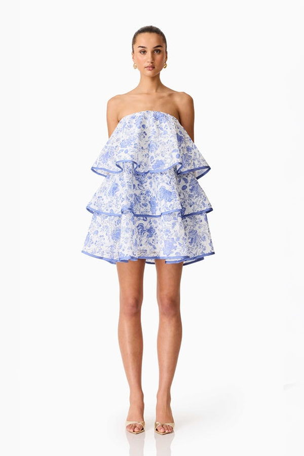 Elliatt Elin Strapless Frilled Mini Dress - White/Blue