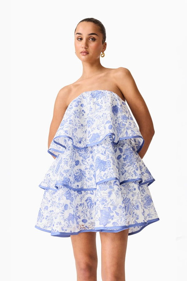 Elliatt Elin Strapless Frilled Mini Dress - White/Blue