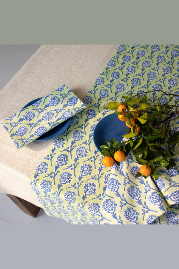 Banyan & Birch Nikhar Pure Linen Hand-Printed Table Runner - Lily Green
