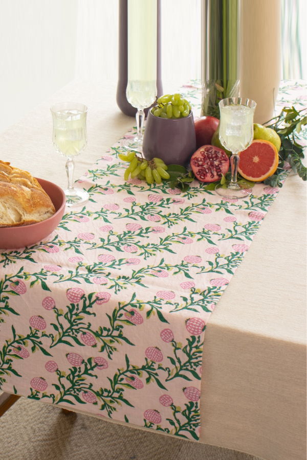Banyan & Birch Rasa Pure Linen Hand-Printed Table Runner - Pastel Pink
