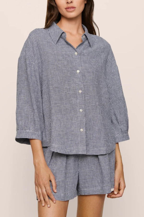 Eberjey Linen Blend Relaxed Short - Gingham White/Navy