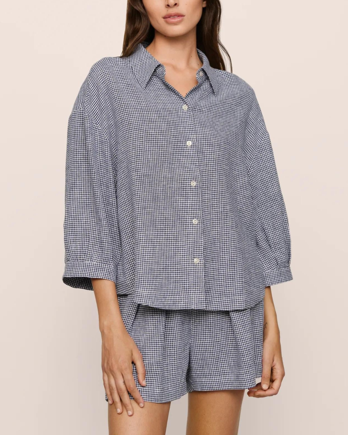 Eberjey Linen Blend Relaxed Sleeve Top - Gingham White/Navy - Image 1 of 3
