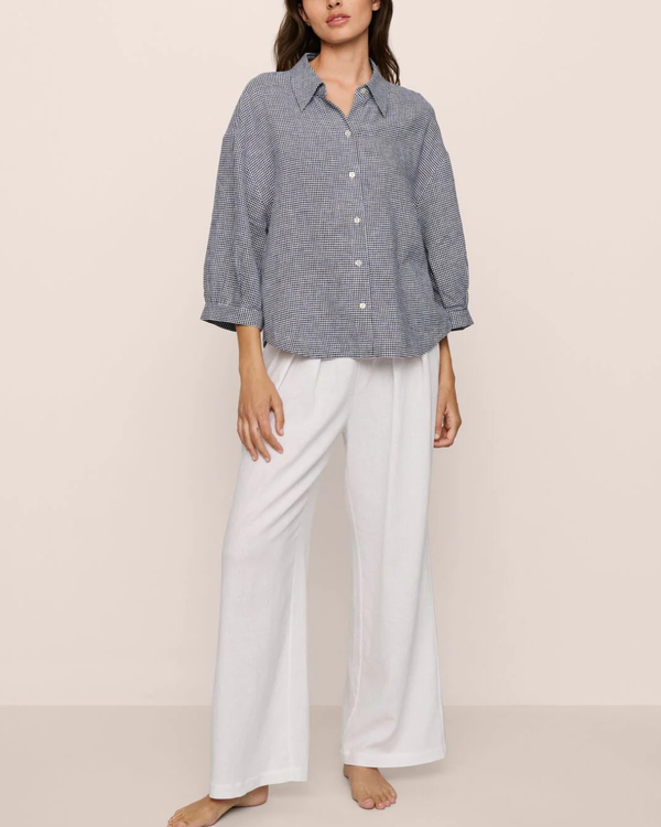 Eberjey Linen Blend Relaxed Sleeve Top - Gingham White/Navy