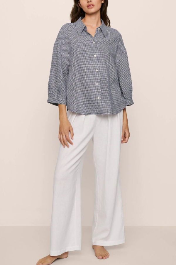 Eberjey Linen Blend Relaxed Sleeve Top - Gingham White/Navy