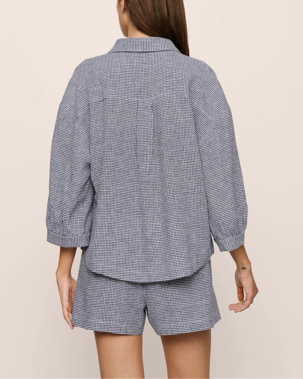 Eberjey Linen Blend Relaxed Sleeve Top - Gingham White/Navy