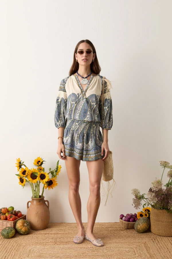 Boteh Arcadia Paisley Shirred Waist Shorts - Lazuli