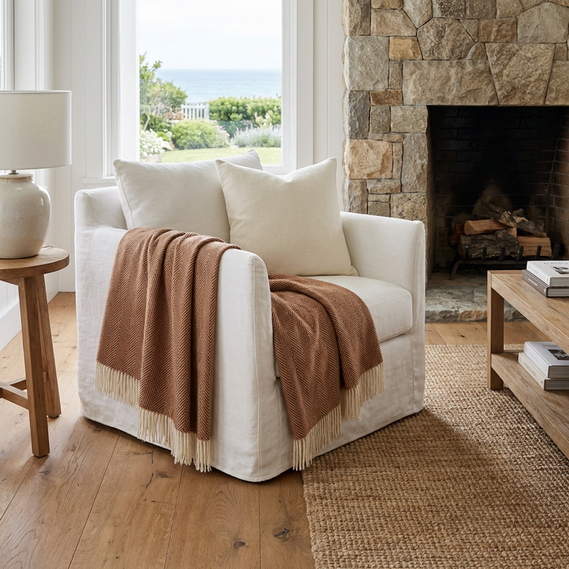 Prince of Scots Southampton Home Merino Wool Herringbone Throw - Rust