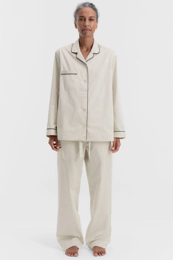 TEKLA Sateen Long Sleeve Shirt in Brown Pin Stripes