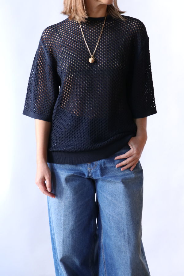 Tibi Crochet Netting Oversized Easy T-Shirt Top - Navy