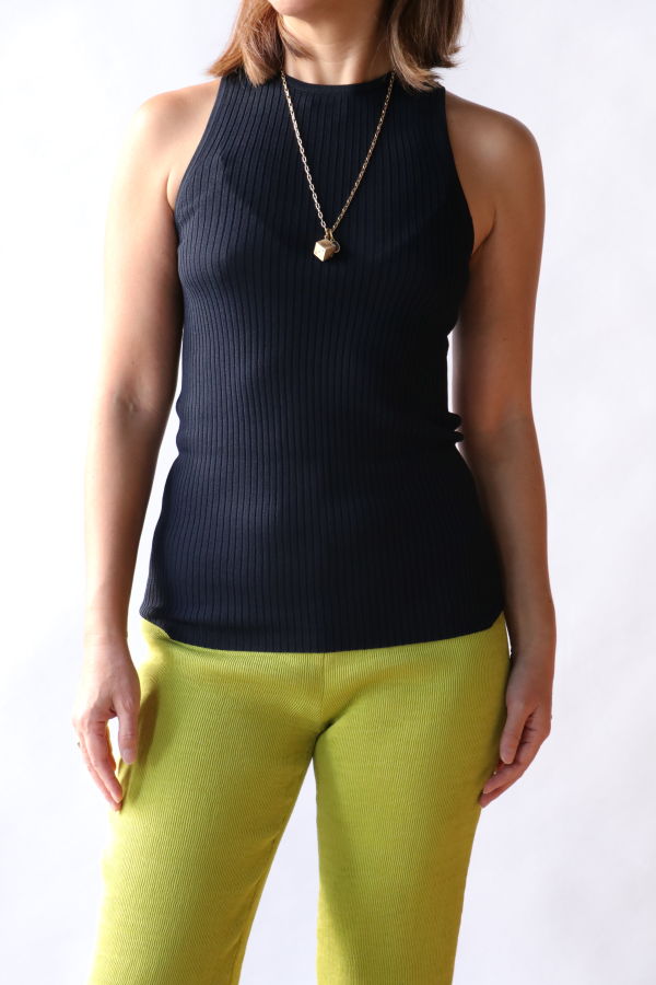 Tibi Ribbed Sweater Cut Out Tank Top - Navy