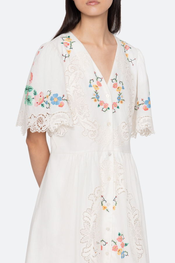 Sea NY Astrid Embroidery Short Sleeve Midi Dress