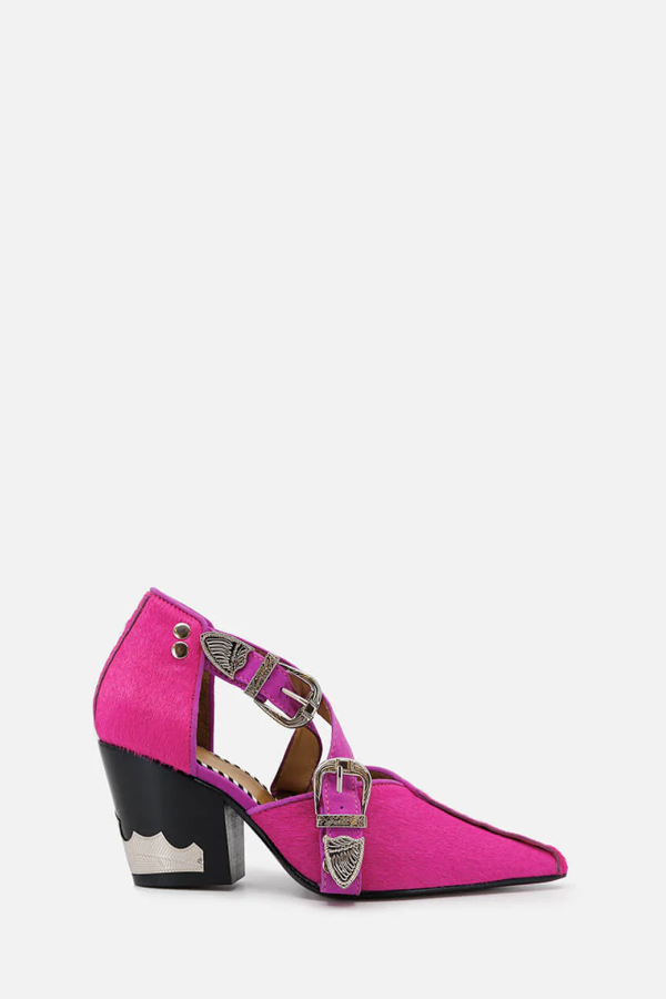 WDLT117 Toga Pulla Cross Front Pink Pony Hair Heel - Fuschia