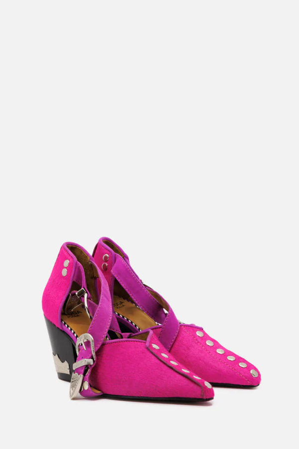 WDLT117 Toga Pulla Cross Front Pink Pony Hair Heel - Fuschia