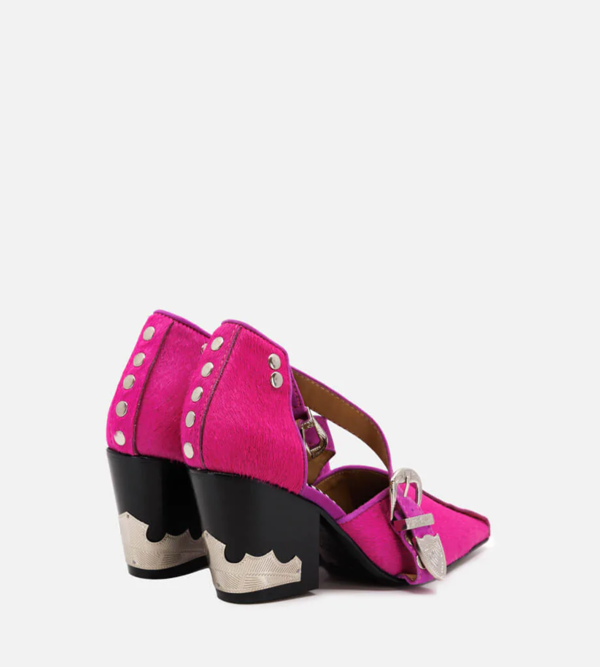 WDLT117 Toga Pulla Cross Front Pink Pony Hair Heel - Fuschia