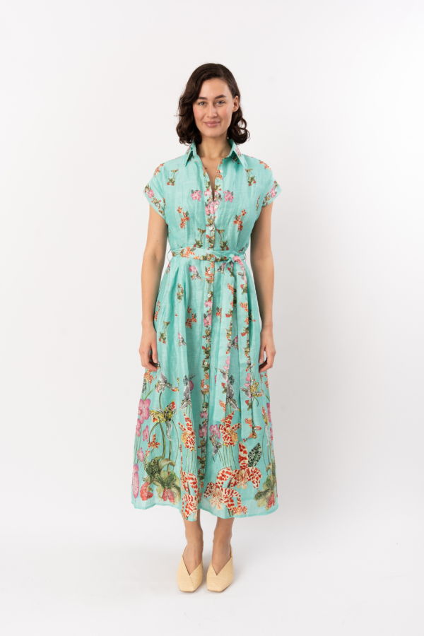 LA FUORI Botanica Printed Aura Shirtdress - Teal Multi