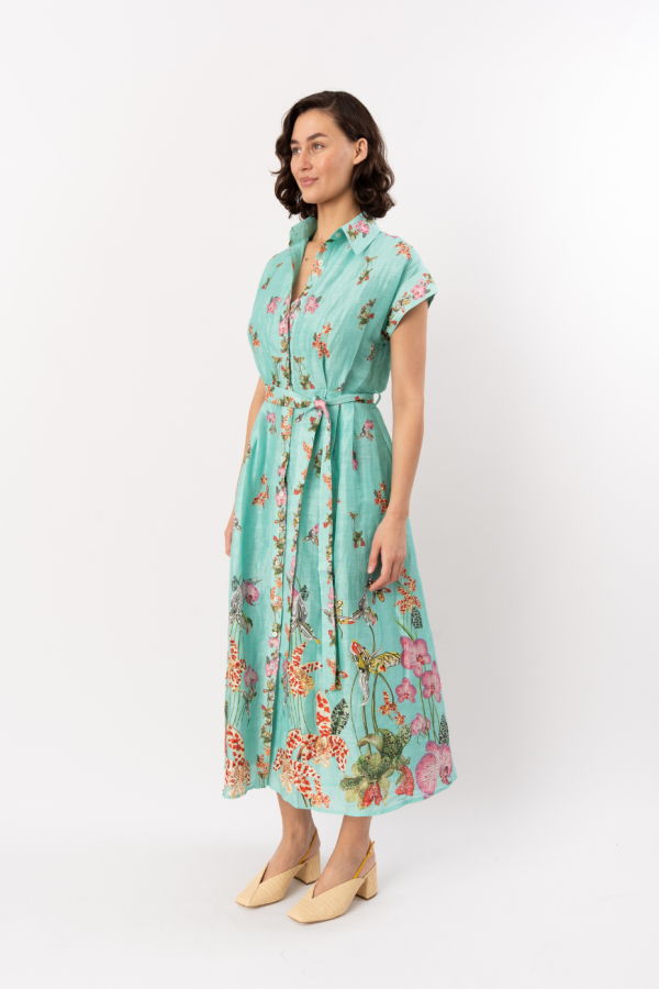 LA FUORI Botanica Printed Aura Shirtdress - Teal Multi