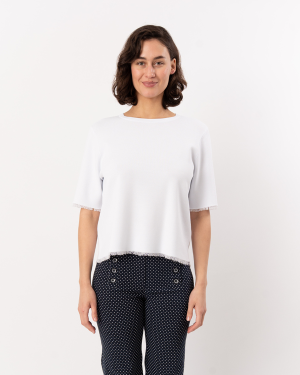 ELLIOTT LAUREN Knit Fray Short Sleeve Sweater - White