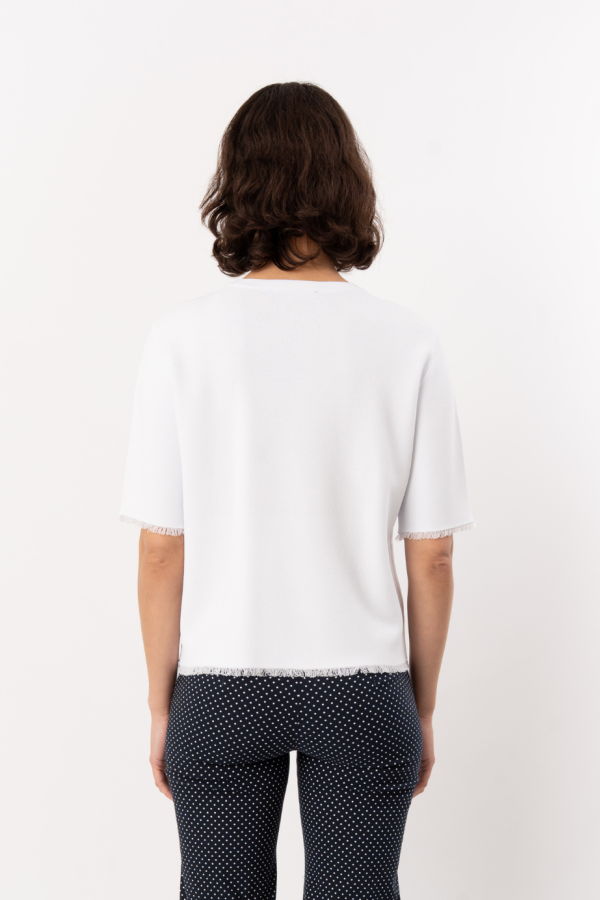 ELLIOTT LAUREN Knit Fray Short Sleeve Sweater - White
