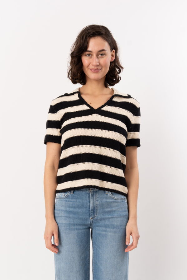 ELLIOTT LAUREN Striped Crochet Sweater Top - Black/Cream