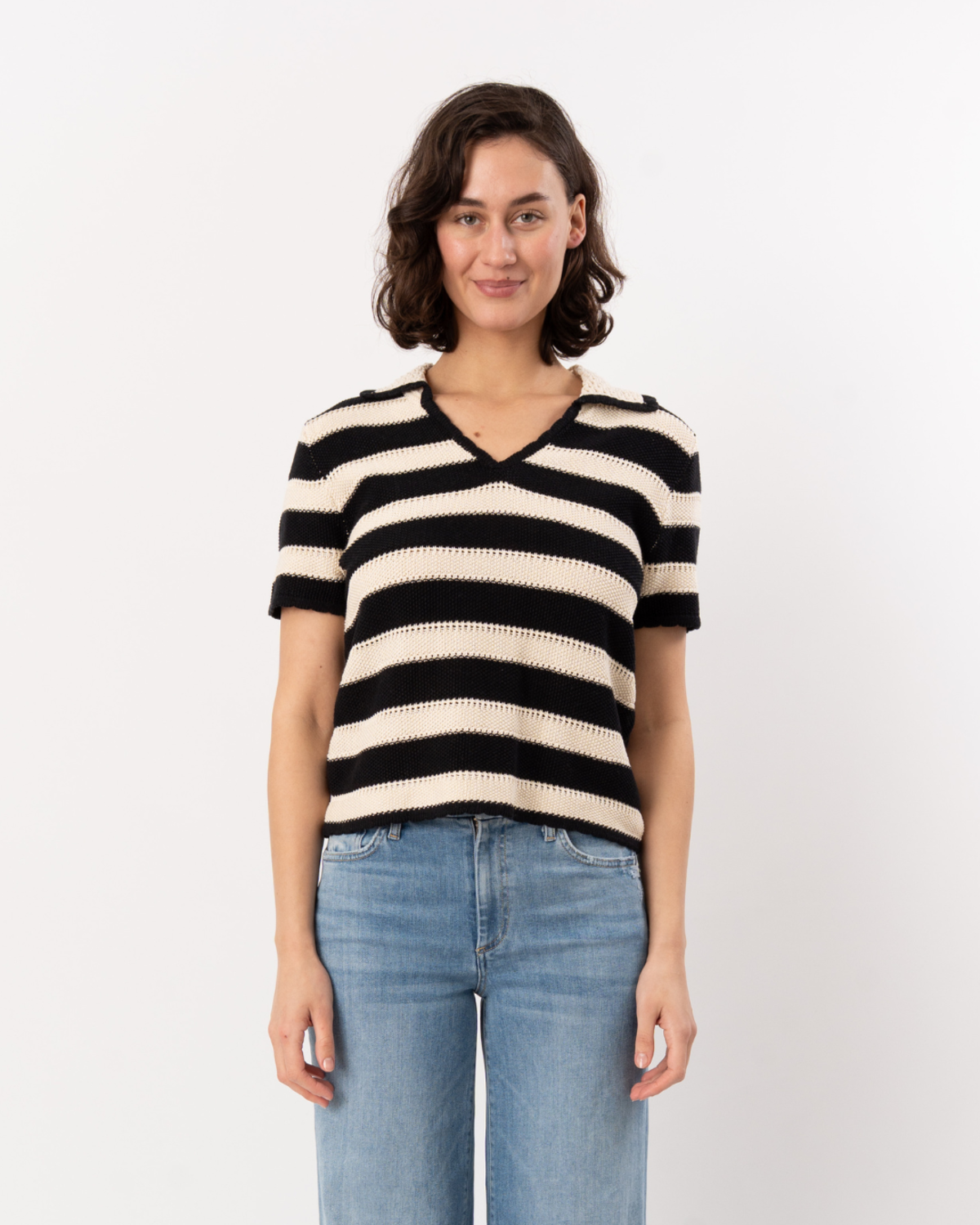 ELLIOTT LAUREN Striped Crochet Sweater Top - Black/Cream - Image 1 of 5